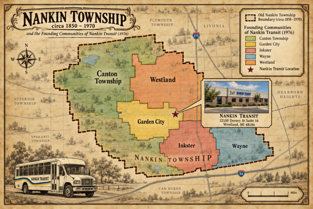Nankin Township heritage map showing the five founding communities and Nankin Transit at 32150 Dorsey St, Suite 16, Westland, MI 48186.